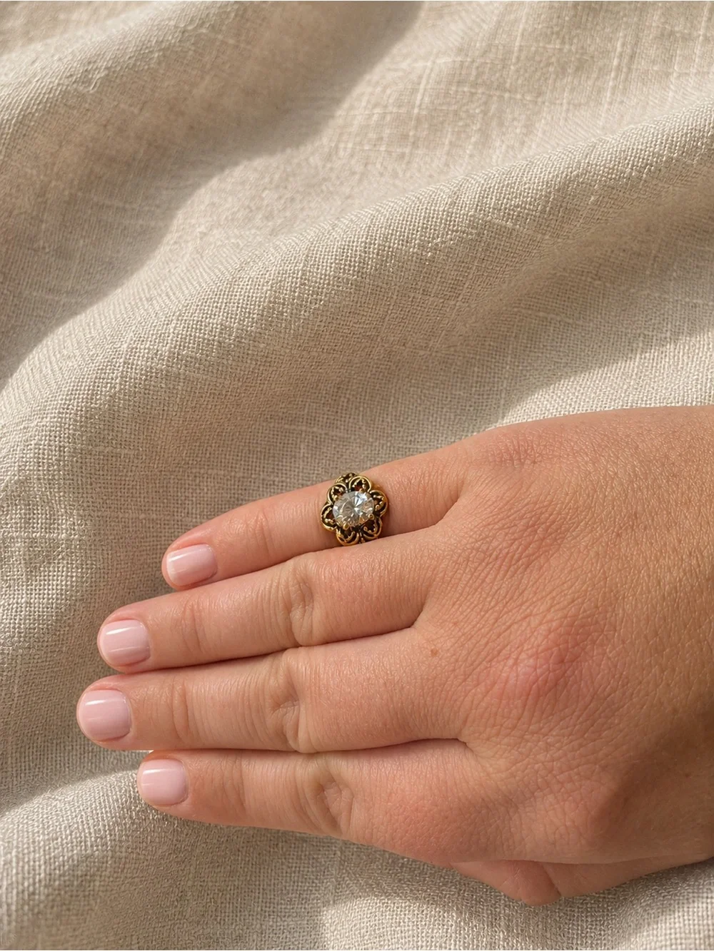Antique Victorian 14K GE ESPO Gold Ring Oval Stone Floral Size 5.5